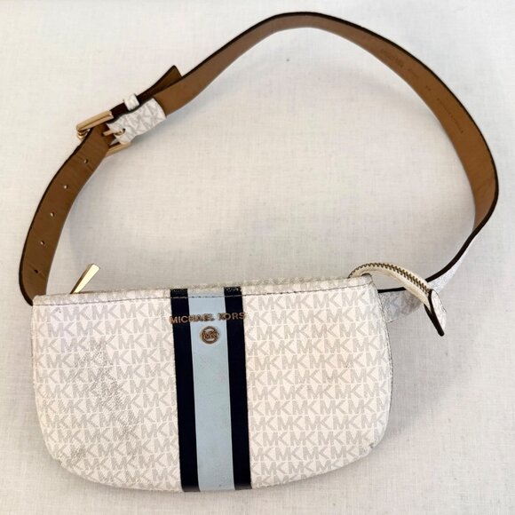 Michael Kors Monogram Belt Bag Blue Stripe Adjustable Strap Small Zip Pouch - Picture 2 of 15